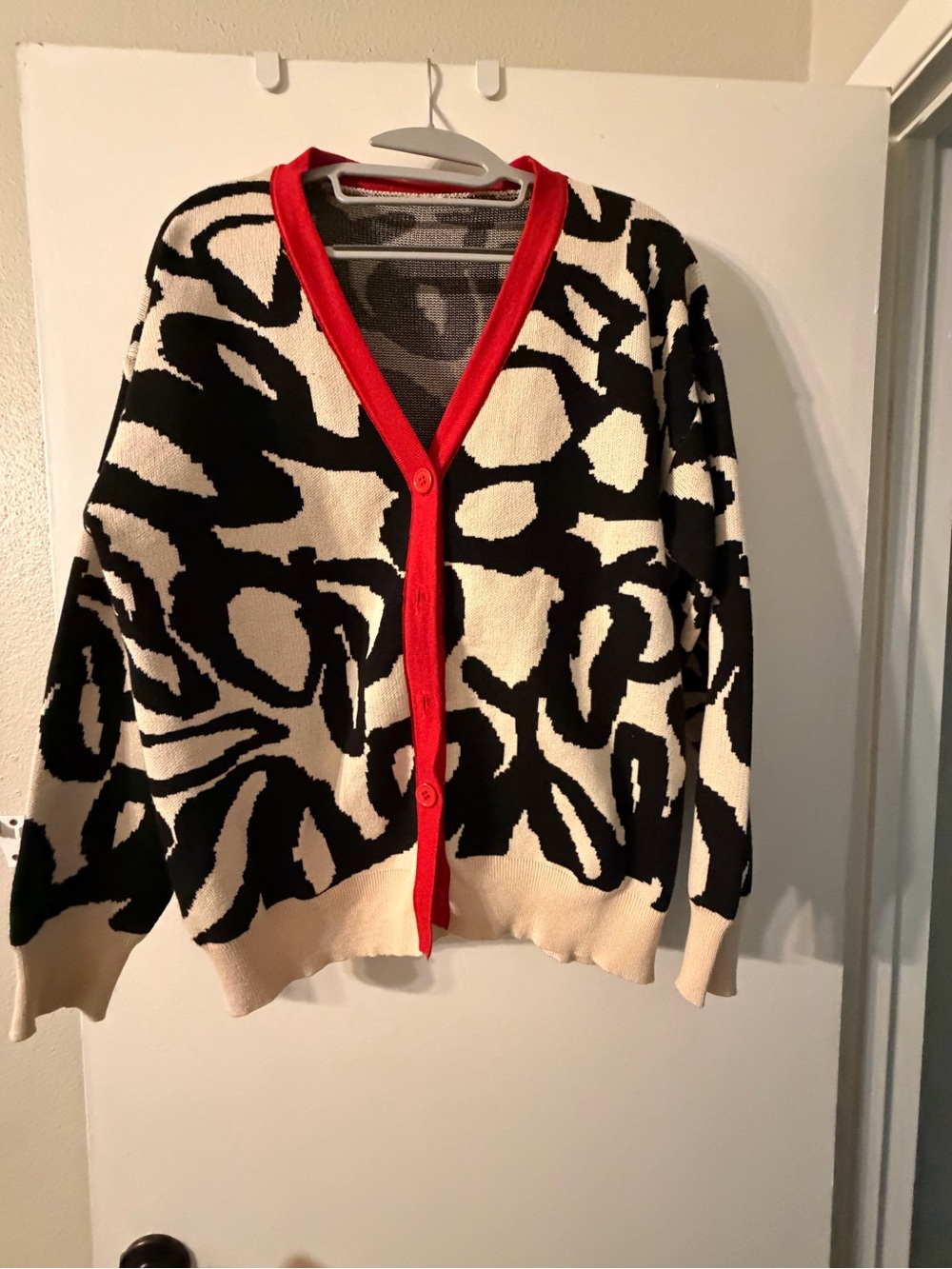 SHEIN Black & Cream Abstract Knit Cardigan with Red Trim